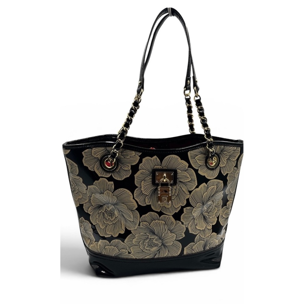Anne Klein Black Tan Floral Patent Leather Tote Bag Gold Hardware Chain Straps